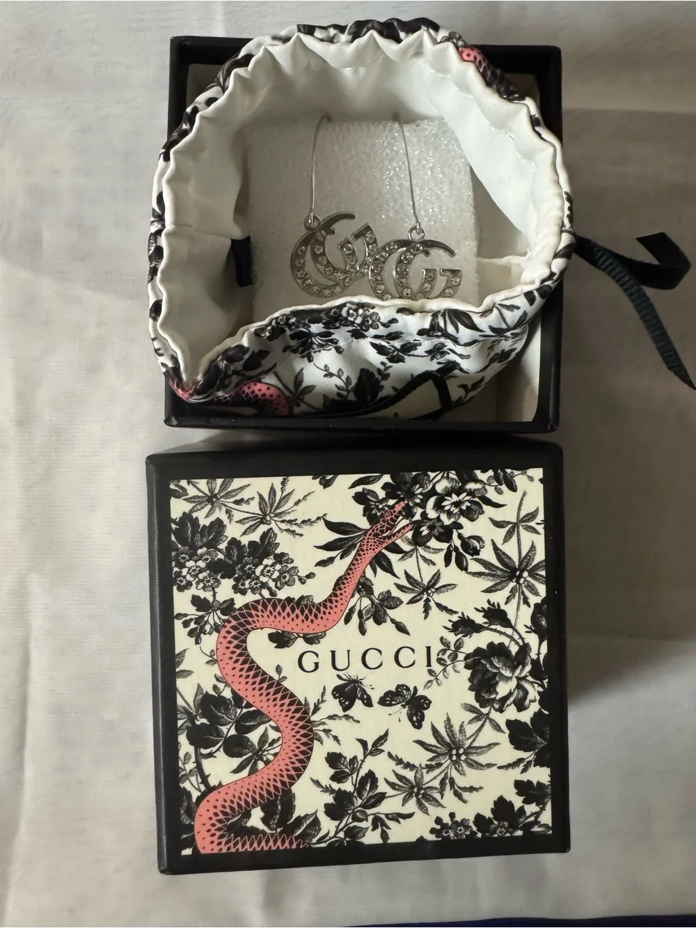Gucci Silvery Crystal Double interlocking GG Hook Drop Earrings w/pouch and box - Picture 7 of 10